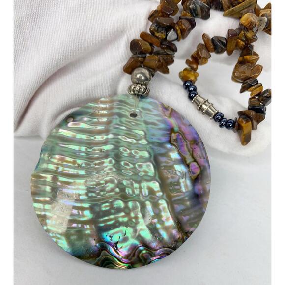 Vintage Abalone Medallion Disc Necklace Tigers Eye chips polished stones Brown - Picture 5 of 12